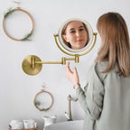 Antique Brass Rechargeable Wall Mounted Makeup Mirror Magnifying, 1X/10X Magnifying Mirror for Bathroom, 8 Inch 2 Sided 360 Swivel Extendable Arm Vanity Shaving Mirror for Bathroom