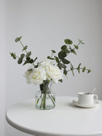 Artificial Flowers with White Roses in Vase, Fake Flowers Bouquet with Vase, Silk Flower Arrangements with Artificial Flowers for Home Dining Table Decor(No Fake Water).