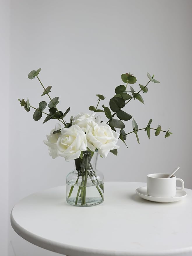 Artificial Flowers with White Roses in Vase, Fake Flowers Bouquet with Vase, Silk Flower Arrangements with Artificial Flowers for Home Dining Table Decor(No Fake Water).