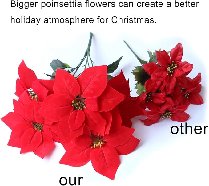 3 Pack Christmas Artificial Poinsettia Flowers Stem Bouquets Outdoors with 15pcs 8.2 Inch Red Poinsettia Flowers Heads for Christmas Tree, Xmas Garland, Vase, Window Box, Porch Home Decorations
