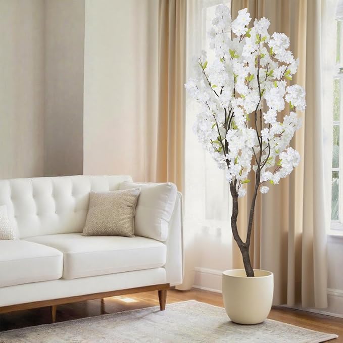 6.56ft White Artificial Cherry Blossom Tree Indoor Decor,Nearly Nature Silk Flower Fake Tree Tall,Realistic Outdoor Faux Cherry Plant Wishing Tree Front Door Handmade for Office Living Room Decor