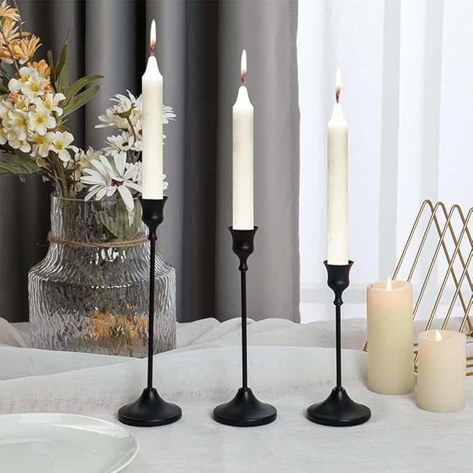 Black Candlestick Holders Set of 3, Metal Taper Candle Holders, Classic Decorative Candle Stick for Christmas, Wedding, Party, Dinner Tables,Home Décor
