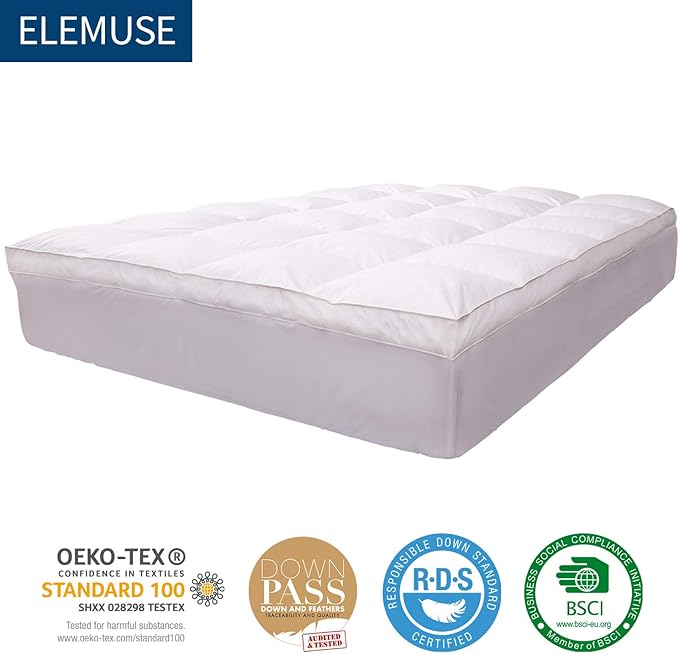 ELEMUSE Queen Size Extra Thick Fusion Goose Down Feather Filled Mattress Topper, Plush Fluffy Double Layer Pillowtop Mattress Pad Cover, Soft Featherbed with 8-21 Inch Deep Pocket
