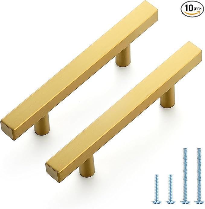 JOY DECOR 10 Pack 3 Inch Brushed Brass Square Cabinet Handles Stainless Steel Cabinet Hardware Pulls for Kitchen and Drawers with 5 Inch Overall Length