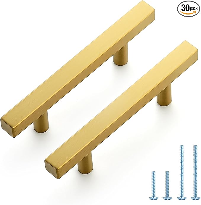 JOY DECOR 30 Pack 3 Inch Brushed Brass Square Cabinet Handles Stainless Steel Cabinet Hardware Pulls for Kitchen and Drawers with 5 Inch Overall Length