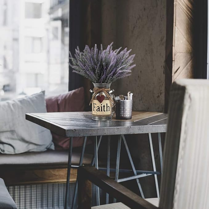Artificial Lavender Flowers with Vase,Fake Lavender Plant Artificial in Metal Vase for Kitchen Counter Rustic Farmhouse Decor (Faith,Purple)