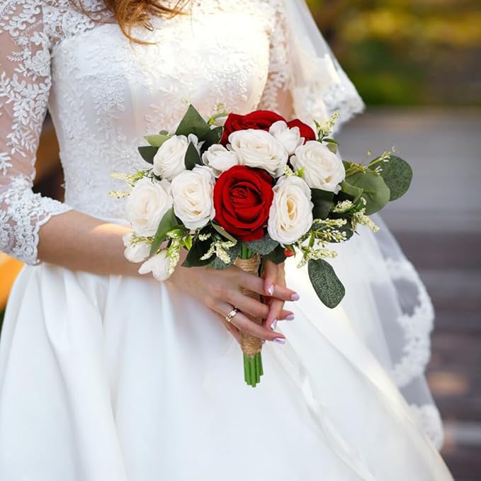 Artificial White Rose Wedding Bouquet - Faux Bride & Bridesmaid Bouquet for Wedding Decor