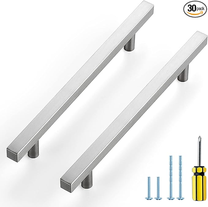 Ravinte Brushed Nickel Cabinet Handles 30 Pack 6-3/10 inch Satin Nickel Square Cabinet Pulls Silver Hardware for Kitchen Cabinets 8-4/5 inch Overall Length Stainless Steel Drawer Pulls