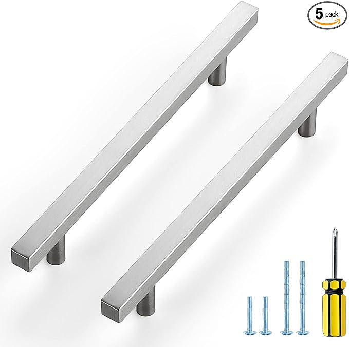 Ravinte Brushed Nickel Cabinet Handles 5 Pack 6-3/10 inch Satin Nickel Square Cabinet Pulls Silver Hardware for Kitchen Cabinets 8-4/5 inch Overall Length Stainless Steel Drawer Pulls