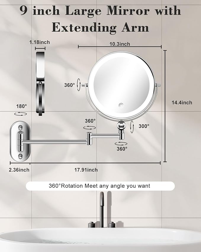 30X/1X Wall Mounted Lighted Makeup Mirror, 9'' Height Adjustable Double Sided 5000mAh Rechargeable Magnifying Bathroom Mirror with Light, 3 Color Modes Touch Dimmable Extended Arm 360 Rotation