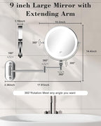 30X/1X Wall Mounted Lighted Makeup Mirror, 9'' Height Adjustable Double Sided 5000mAh Rechargeable Magnifying Bathroom Mirror with Light, 3 Color Modes Touch Dimmable Extended Arm 360 Rotation