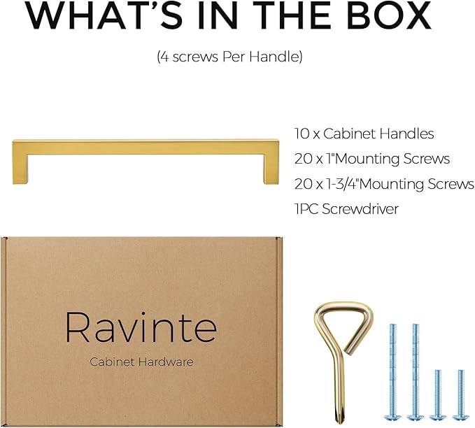 Ravinte 10 Pack Solid Kitchen Cabinet Handles Gold Cabinet Pulls Slim Drawer Pulls with 6-1/4 Inch Hole Center Square Bar Kitchen Cabinet Hardware Brushed Brass Cabinet pulls