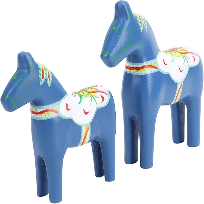 EVGATSAUTO Hand Painted Swedish Wooden Horse Figurine Pair Home Wedding Decor Nordic Design Blue