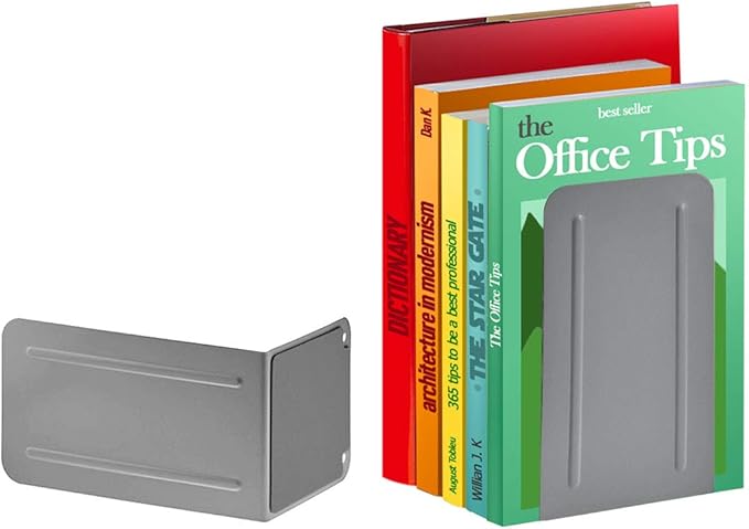 Acrimet Metal Bookends, Non-Skid Book Stand for Shelves, Heavy Duty Book Stopper, 6-7/8" H x 4" W x 4-1/2“ D, Silver, 1 Pair