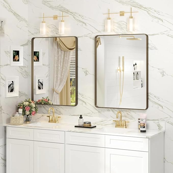 24x32 Bronze Bathroom Mirror, Rounded Rectangle Bronze Frame Mirror, Brushed Bronze Bathroom Vanity Mirror Wall-Mounted, Anti-Rust, Hangs Horizontally or Vertically