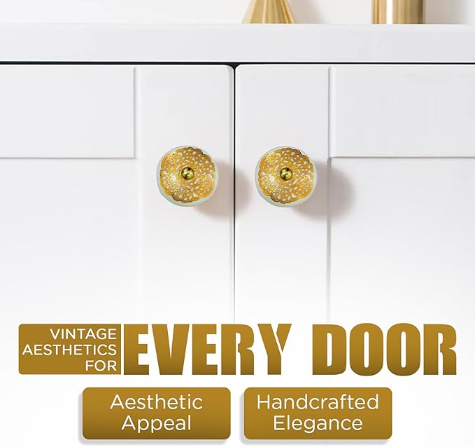 Perilla Home Set of 6 Gold Design Ceramic Knobs Decorative Round Knobs for Home Kitchen Cabinet Vintage Hardware Cupboard Door Dresser Wardrobe Drawer Pulls