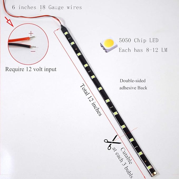 DC 12V Waterproof 1Ft 12 LED Strip Underbody Light with 6 inches Wires for Motor (White,Pack of 6)