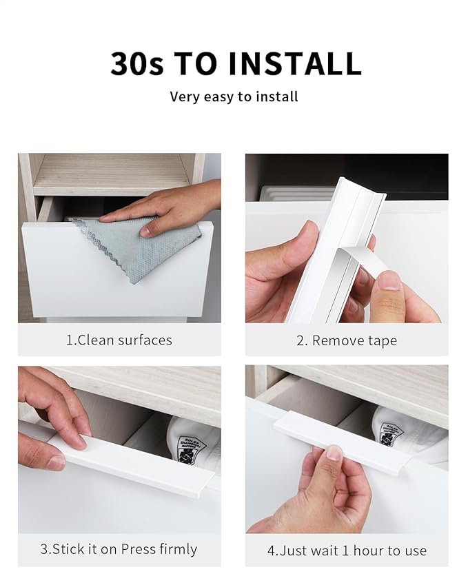 5 Pack 6 inch self Adhesive Cabinet pulls Adhesive Cabinet Handles Finger pulls for cabinets Drawer pulls Warm White Stick on Handles Concealed Finger pulls for Cabinet Edge Seam Flat Handles