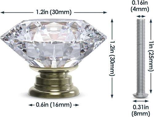 12-Pack Crystal Glass Cabinet Knobs for Home Decor, Vanity Drawers, Desks, Wardrobe Doors, Standard Screws Easy Installation for Home Refurbishment and Redecoration (Clear Crystal, 30mm, Bronze Base)