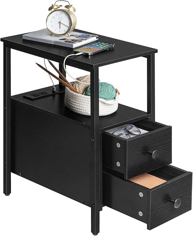 HOOBRO End Table with Charging Station, Narrow Side Table with 2 Drawer & USB Port & Power Outlets, Nightstand for Small Spaces, Stable and Sturdy, for Living Room, Bedroom, Black BK541BZ01