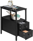 HOOBRO End Table with Charging Station, Narrow Side Table with 2 Drawer & USB Port & Power Outlets, Nightstand for Small Spaces, Stable and Sturdy, for Living Room, Bedroom, Black BK541BZ01