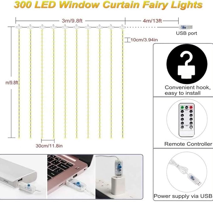 Meliven 300 LED Curtain Lights 9.8Ftx9.8Ft, 8 Modes Fairy Lights Curtain with Remote, Timer, Dimmable, USB Powerd, Warm White Backdrop Light for Wedding, Party, Home, Bedroom Decorations