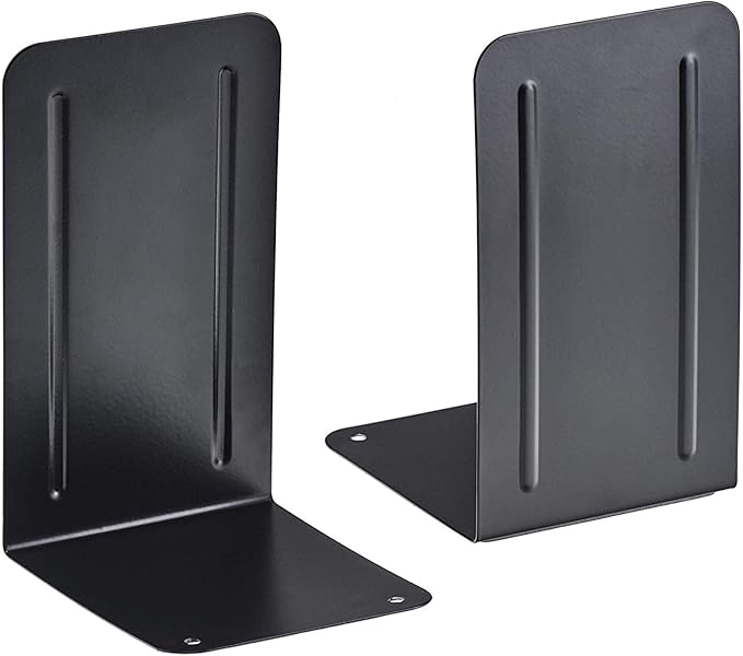Acrimet Metal Bookends, Non-Skid Book Stand for Shelves, Heavy Duty Book Stopper, 6-7/8" H x 4" W x 4-1/2“ D, Black, 1 Pair