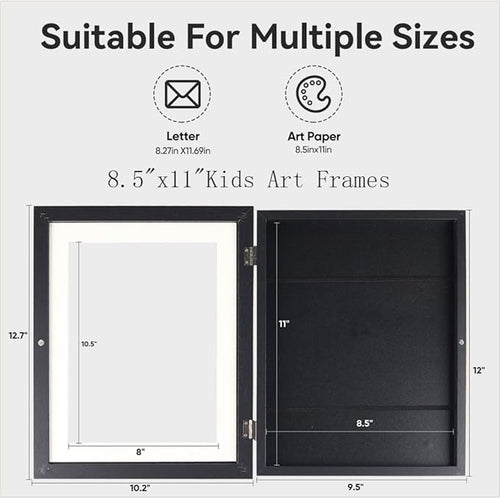 2-Pack Kids Art Frames - Changeable, 8.5x11 Picture Frame for Display, With Storage (Black)