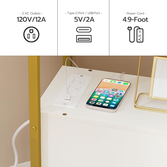 HOOBRO End Table with Charging Station, Narrow Side Table with 2 Drawer & USB Port & Power Outlets, Nightstand for Small Spaces, Stable and Sturdy, for Living Room, Bedroom, Gold and White DW541BZ01