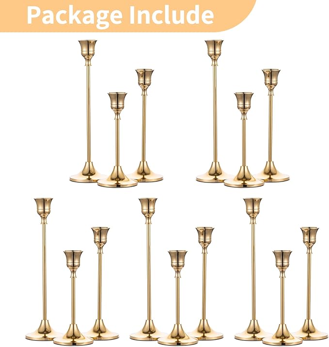 5 Sets(15 Pcs) Brass Gold Metal Taper Candle Holders Candlestick Holders, Vintage Modern Decorative Centerpiece Candlestick Holders for Table Mantel Wedding Housewarming Gift
