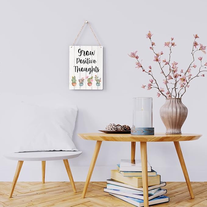 Rustic Grow Positive Thoughts Wood Hanging Sign, Farmhouse Summer Artwork Decor, Cactus and Succulent Wooden Plaque Sign Wall Art Decor Signs Home Decoration 8 x 10 Inches