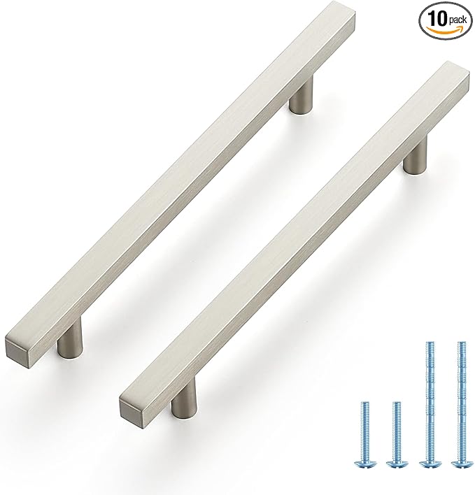 JOY DECOR 10 Pack 6-1/4 Inch Brushed Nickel Square Cabinet Handles Stainless Steel Cabinet Hardware Pulls for Kitchen and Drawers with 8-13/16 Inch Overall Length