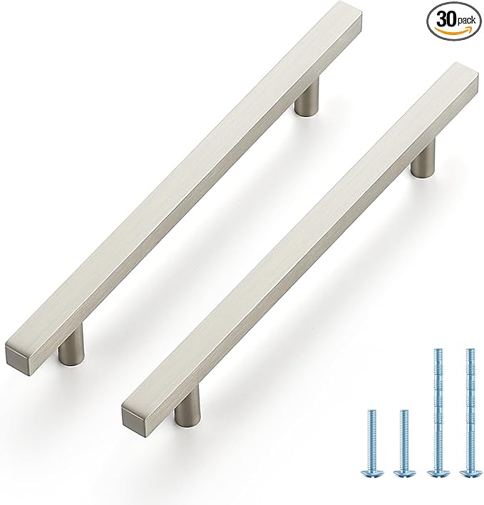 JOY DECOR 30 Pack 6-1/4 Inch Brushed Nickel Square Cabinet Handles Stainless Steel Cabinet Hardware Pulls for Kitchen and Drawers with 8-13/16 Inch Overall Length