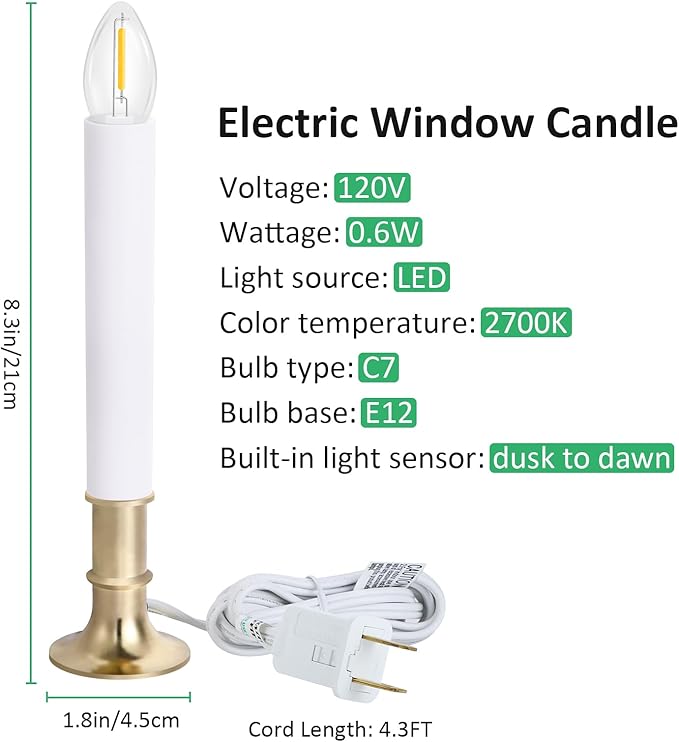 6-Pack Dusk to Dawn Electric Christmas Window Candle Lights with Shatterproof Plastic LED Bulbs, Plug-in Corded Window Candle Lamps, Auto On/Off Light Sensor, 6 Suction Cups Included, Warm White