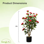 36” Artificial Camellia Tree 2 Packs, Faux Camellia Plant in Pot with Red Flowers, Greenery Camellia Tree for Spring Home Front Door Outdoor Indoor Decoration, Red