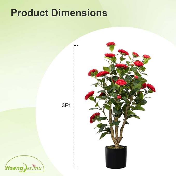 36” Artificial Camellia Tree 2 Packs, Faux Camellia Plant in Pot with Red Flowers, Greenery Camellia Tree for Spring Home Front Door Outdoor Indoor Decoration, Red