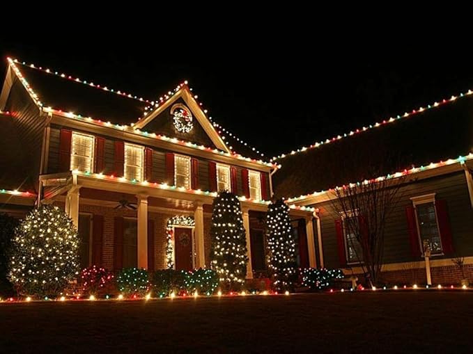 25 Foot C9 Multi Ceramic Christmas String Light Set - Opaque Bulbs - Roofline Light String - Green Wire