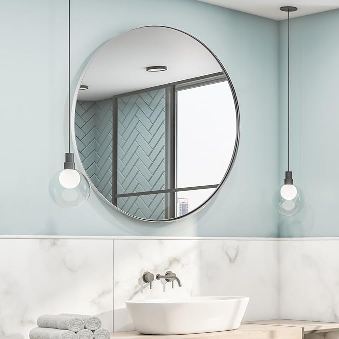 ANDY STAR 36" Chrome Round Mirror, Round Chrome Mirror, Polished Silver Large Vanity Mirror Metal Framed for Living Room, Dining Room, Fireplace