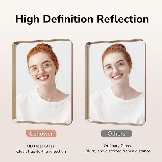 USHOWER Gold Bathroom Mirror 22"x30", Brushed Gold Rectangle Mirror for Over Sink, Rounded Corner, Aluminum Frame, Anti-Rust, Tempered Glass, Horizontal or Vertical Mounted
