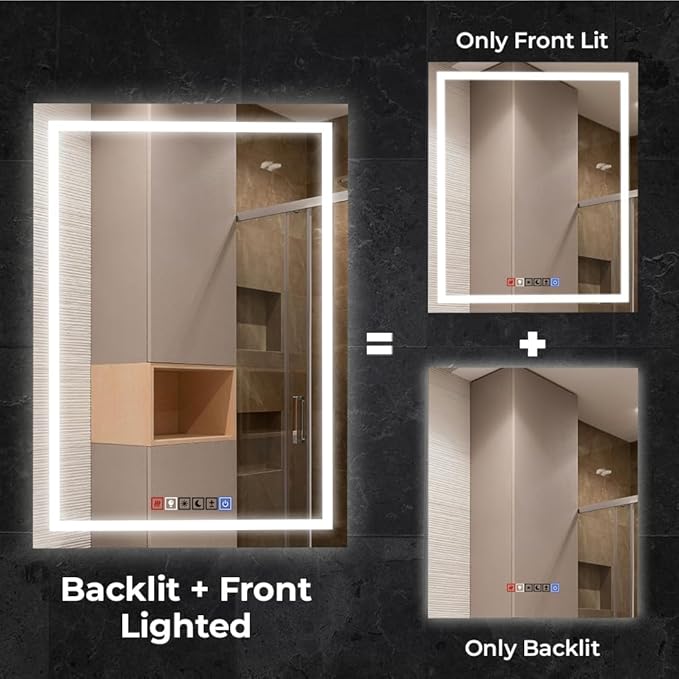 Fab Glass and Mirror LED Mirror 40x32 Inches, Led Bathroom Mirror with Lights Front and Backlit Anti-Fog Memory Brightness, Three Color Options Frameless Wall Mounted Bathroom Vanity Mirror