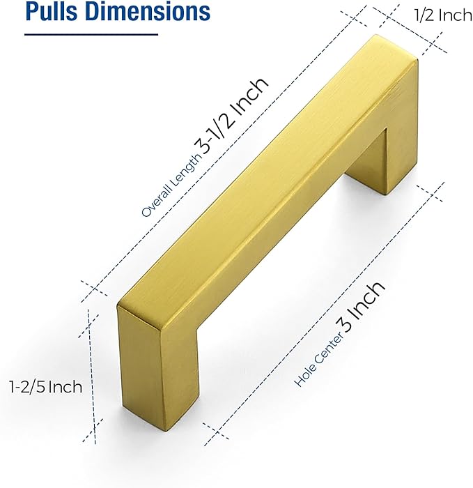 JOY DECOR 4 Pack Cabinet Handles, Gold Cabinet Pulls, 3 Inch Kitchen Closet Handles Square Drawer Pulls Stainless Steel Drawer Hardware, 76mm Hole Centers