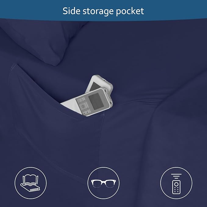 Deep Pocket Twin Sheets Set for Kids Air Mattress - Extra Deep Pocket Twin Sheet Sets - 3Pcs Side Storage Pocket Fitted Sheet & Pillowcases Easily Fits 16in to 24in Pillow Top Bed Mattress - Navy Blue