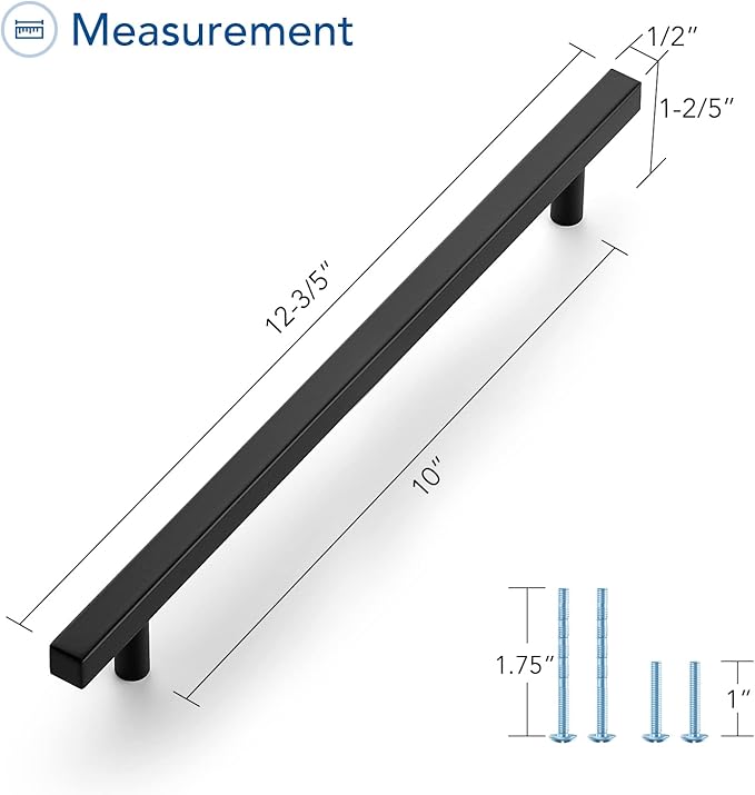 Ravinte Cabinet Handles 5 Pack - 10 Inch Matte Black Square Pulls, Kitchen Hardware 12-1/2 Inch Overall Length, Drawer Pulls