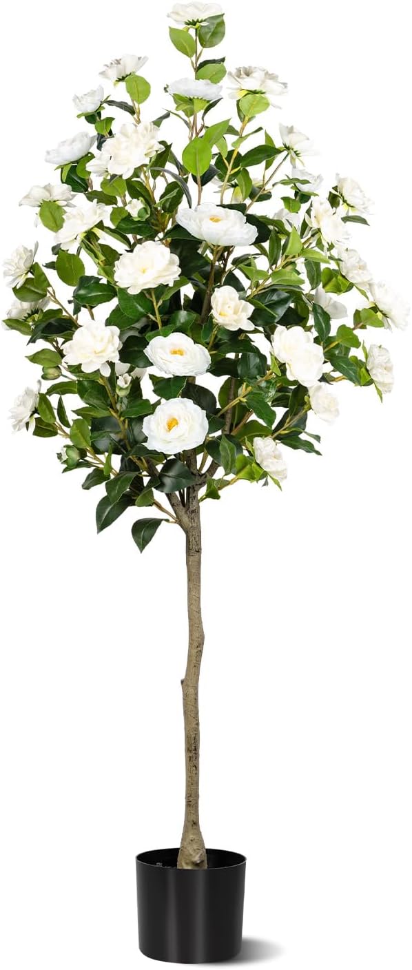 Artificial Camellia Tree 2 Pack, Artificial Plants Outdoor Faux Floral Plant in Cement Pot Fake Silk Camellia Tree Plants for Home House Living Room Office Decor