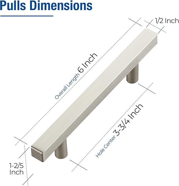 JOY DECOR 30 Pack 3-3/4 Inch Brushed Nickel Square Cabinet Handles Stainless Steel Cabinet Hardware Pulls for Kitchen and Drawers with 6 Inch Overall Length