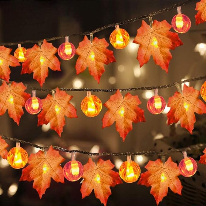 3 Pack Thanksgiving Decorations Fall Garland with Pumpkin Lights & Enlarged Maple Fall String Lights Pumpkin Decor, 30Ft 60LED Waterproof Battery Operated Christmas Fall Thanksgiving Decor for Home