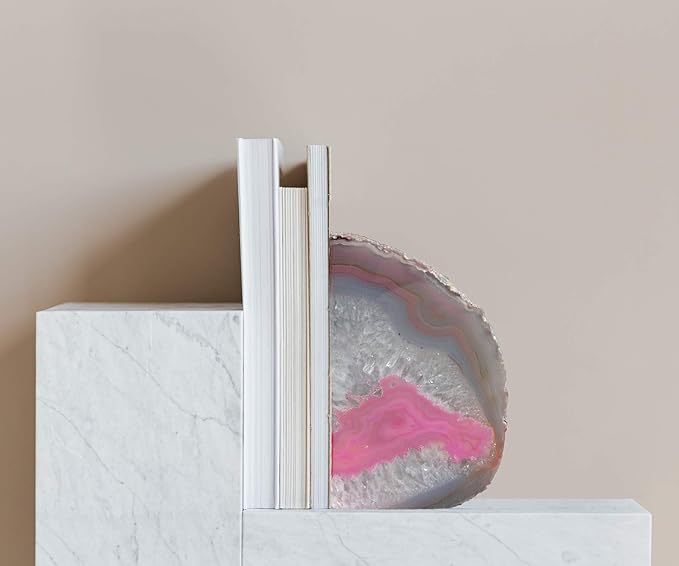 AMOYSTONE 4-6 Lbs Pink Book Stopper 1 Pair with Rubber Buffers Agate Bookends for Heavy Books Office Home Shelves Decoration