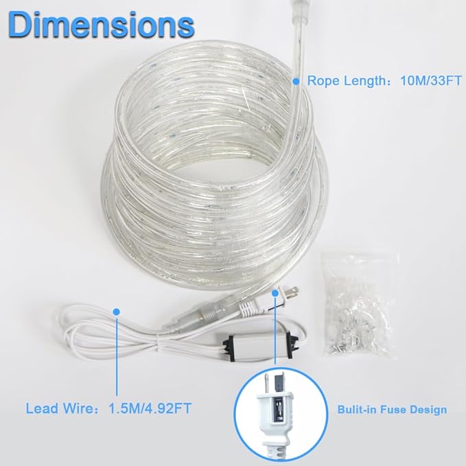 33FT White LED Rope Lights Outdoor,Flexible Tube Rope Lights Plug in,Connecting Rope Lights for Deck,Patio,Camping,Porch,Christmas Holiday Decoration