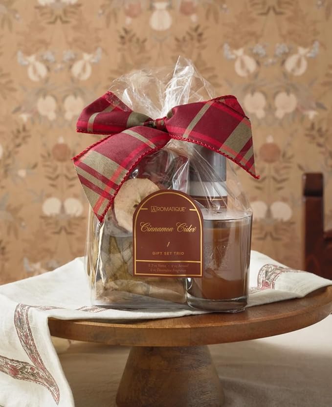 Aromatique Cinnamon Cider Gift Set Trio – Decorative Fragrance 2 oz, Room Spray 2 oz & Votive Candle 2.7 oz – Cinnamon, Apple & Citrus Fall Fragrance – Seasonal Home Décor – Made in The USA