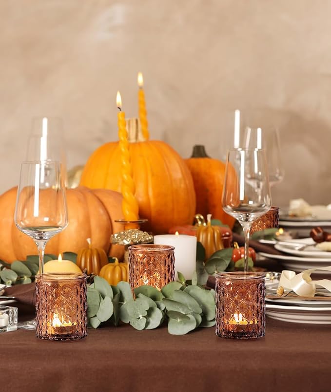 36 Pack Amber Votive Candle Holders, Glass Tea Lights Candle Holder for Boho Wedding Decor,Amber Candle Holders for Home Decor Gift Fall Wedding Christmas, Thanksgiving Party Table